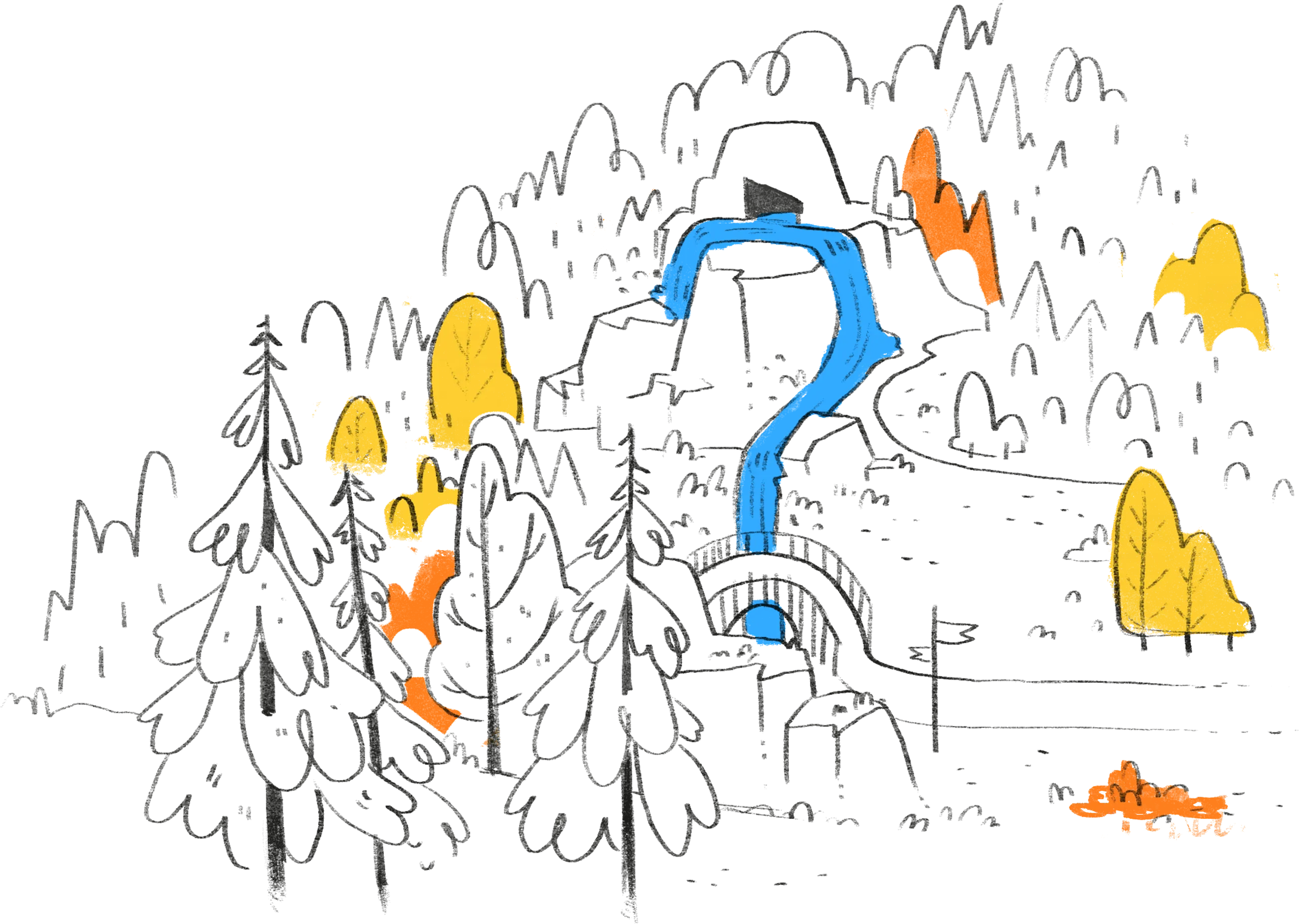 Stylized illustration of a forest scene at night, featuring various trees in black silhouette with highlights in yellow and orange. A large blue question mark looms over the landscape, dominating the sky. A small bridge over a creek is visible in the foreground.